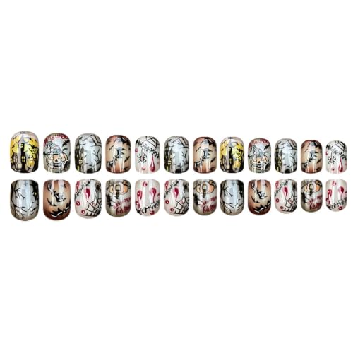 Halloween Short Square Press-On Nails with Blood Spider Web Bat Pumpkin Designs - 24Pcs