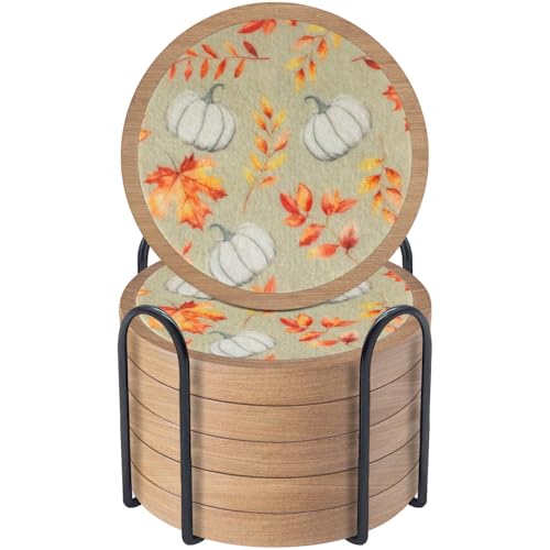 Pumpkins Coaster Set of 6 - Halloween Fall Round Drink Mats for Table Protection