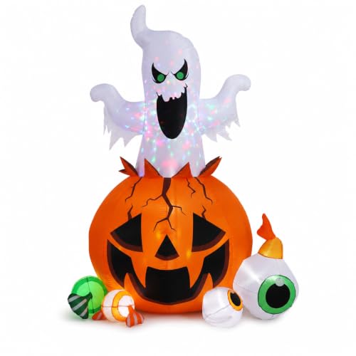 8FT Halloween Inflatable Ghost and Pumpkin Yard Decor with Colorful LED Lights