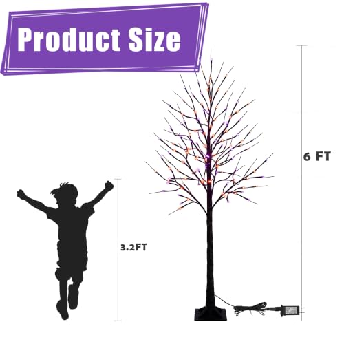 6FT Halloween Black Birch Tree with 288 Purple & Orange LED Lights, Waterproof Indoor Outdoor Decor