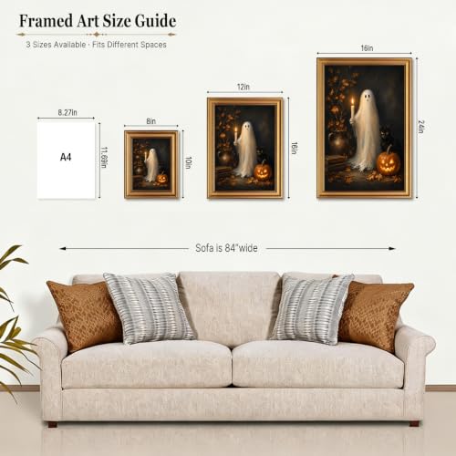 Halloween Ghost Wall Art with Black Cat - Gold Framed Canvas Decor - Variation of Ghost Holding Candle