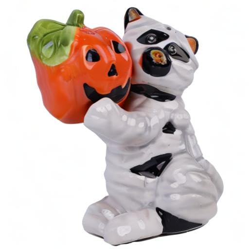 Salt and Pepper Shaker Set - Mummy Cat with Pumpkin Halloween Table Accessory
