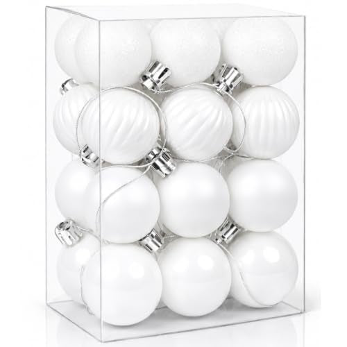 Mini White Christmas Ornaments Set - 24 Small 1.6 Inch Shatterproof Holiday Balls