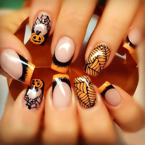 Halloween Fake Nails - Square, Black Spider Web & Pumpkin Press Ons - Style17