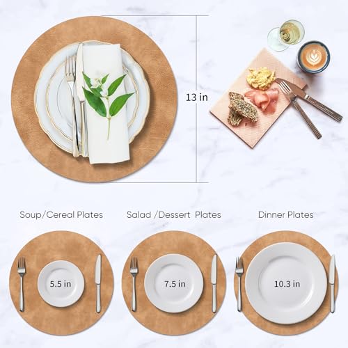 Camel Round Washable Heat-Resistant Placemats Set of 12 - Waterproof Faux Leather Table Mats for Kitchen & Dining