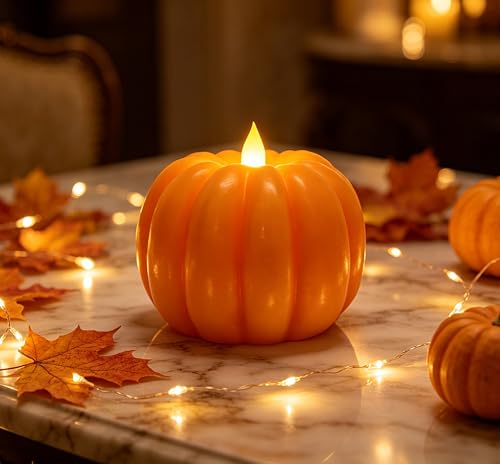 Flickering Flameless LED Pumpkin Candle - Orange Fall Decor with Remote & Timer