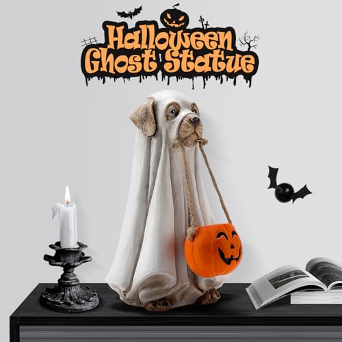 Halloween Ghost Dog Decoration - Cute Dog Holding Pumpkin Statue for Festive Decor - Variation of Dog