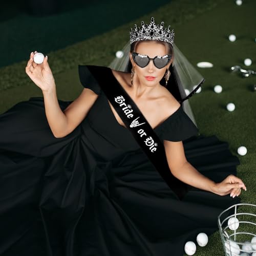 Gothic Bride Bachelorette Party Decorations Set - Black Tiaras Veil Sash & Glasses
