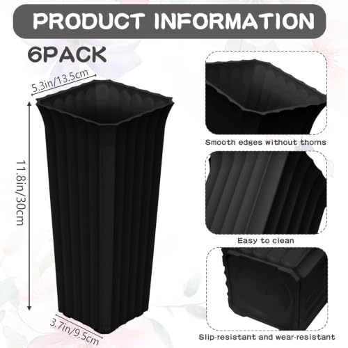Black Plastic Flower Buckets 11.8 Inch Square Vases for Centerpieces - Set of 6