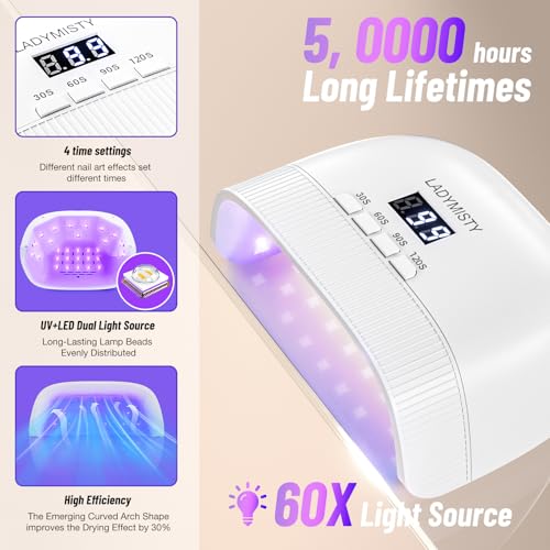 LadyMisty UV Nail Lamp - Fast Drying Gel Nail Light with 30 Dual Beads, 4 Timer Settings, LCD Display, White