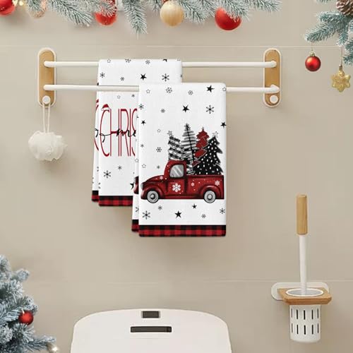 Christmas Hand Towel Set of 2 - Red Truck & Tree Design, 18x26 Inch Holiday Decor