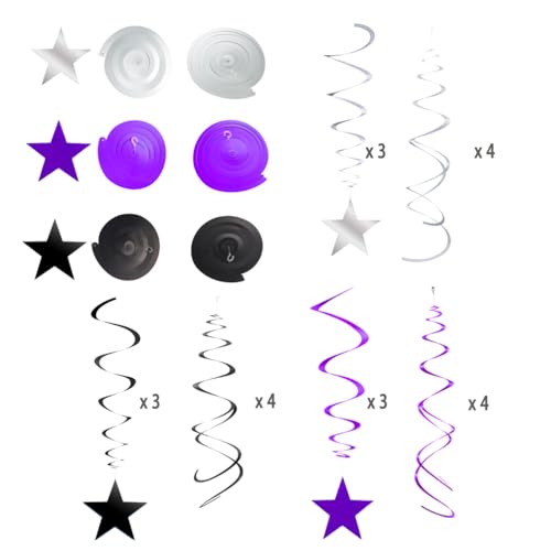 Purple Black Silver Star Swirl Hanging Decorations Set - 20 Pack, Party & Event Decor