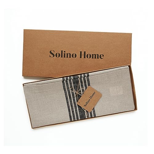 Linen Table Runner 14x72 Inch Black and Natural Striped - Handcrafted, Machine Washable
