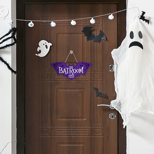 Bolisom Bat Shaped Door Sign - The Batroom Open 24 Hours, Purple Gothic Halloween