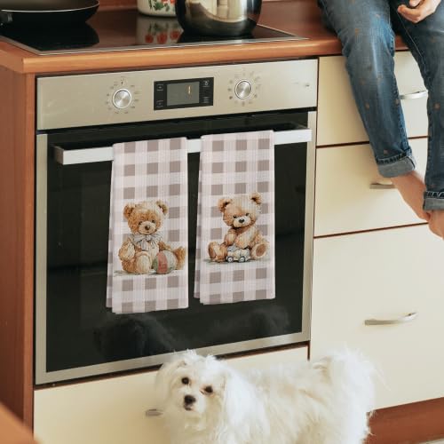 Checkered Rustic Bear Nursery Kitchen Towels Set of 2 - Neutral Baby Hand Towels