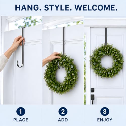 12-Inch Metal Wreath Hanger for Front Door - Over-the-Door Hook, Silver, 2 Pack