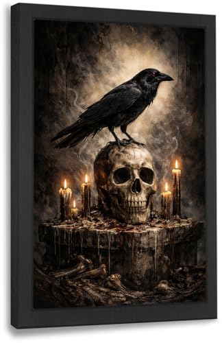 Gothic Crow Wall Art Canvas Print - Raven Skull Dark Academia Decor 24x16 in - Variation of Crow