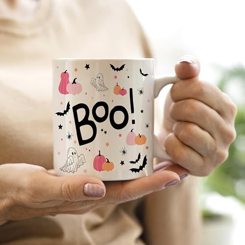 Pink Halloween Ghost Mug - 11oz Ceramic Coffee Tea Cup for Women & Girls - Variation White-7