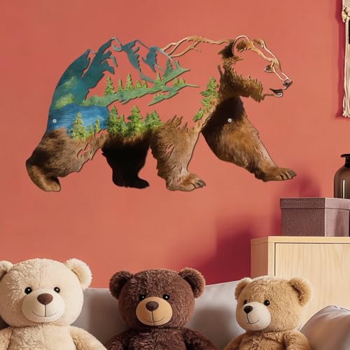 Mountain Bear Metal Wall Art - Pine Tree Wilderness Scene with Variation L
