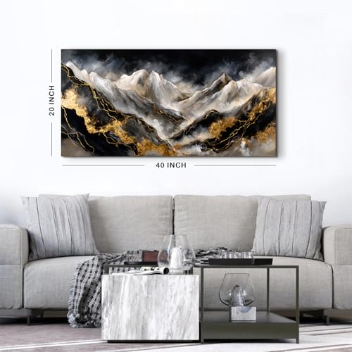 Abstract Mountain Wall Art Canvas - Black & Gold Watercolor Landscape - 40"L x 20"W - Mount01