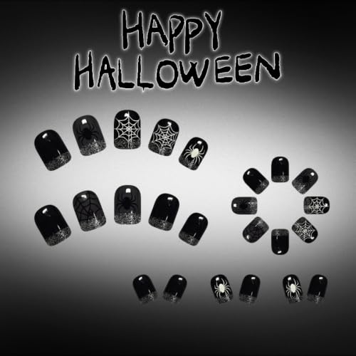 Halloween Press On Nails Short Square Black Nails with Spider Web Design & Glitter Tips - Reusable Fall Holiday Manicure 24Pcs - Color31