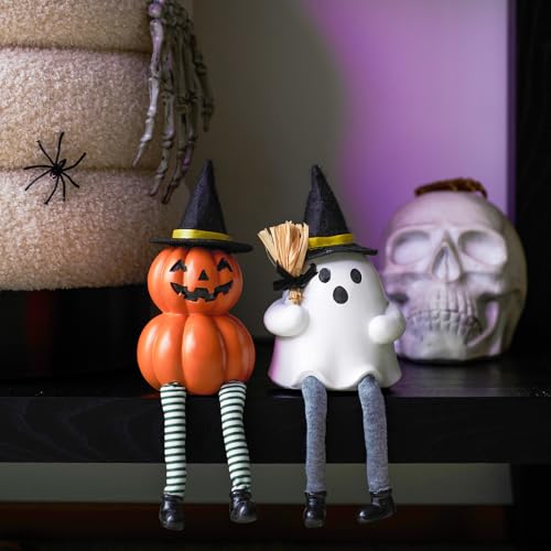 Halloween Ghost and Pumpkin Figurine Set - 2 Pack, Orange & White, Indoor & Outdoor Decor