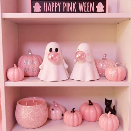 Halloween Ghost Figurines Set of 2 - Cute Ceramic Bubble Gum Ghost Statues - White Variation