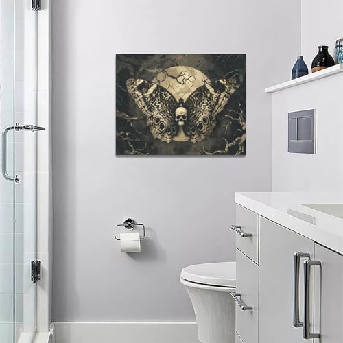 Gothic Skull Wall Art Canvas - Spooky Skeleton Butterfly Decor 16x12 Inch - Halloween Home Artwork
