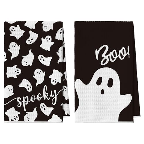 Microfiber Kitchen Towels Set of 2 - 18x26 Inch Black Ghost Spooky Design, Quick Dry & Absorbent