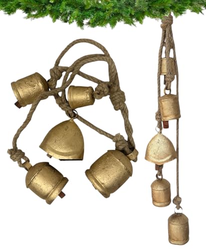 Rustic Iron Wind Chime with 5 Bells - Indoor & Outdoor Christmas Decor, 29 Inch Rope