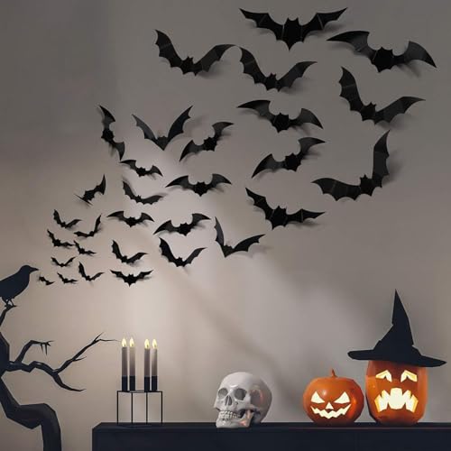 60 PCS Halloween Bat Wall Decor Stickers 3D Waterproof Black Spooky Bats