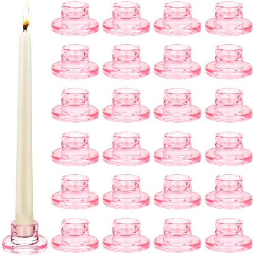 24 Pink Glass Taper Candle Holders Set – Short Candle Stick Decor for Weddings & Home