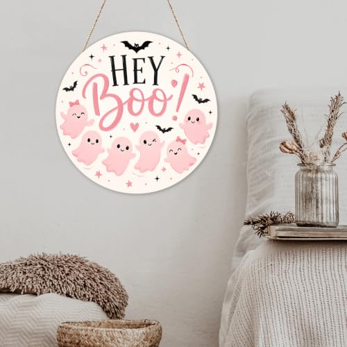 Pink Halloween Ghost Door Decor Wooden Sign - Hey Boo! 02