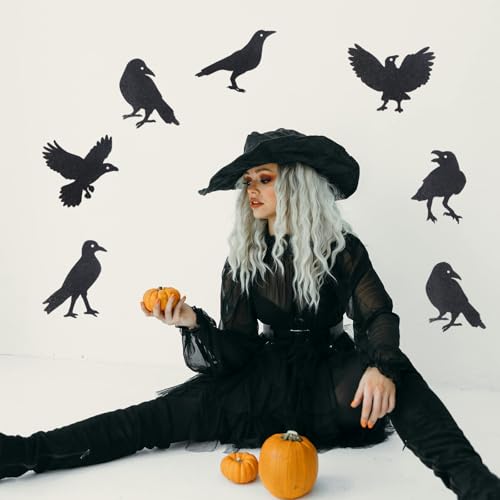 Black Crow Wall Decals - Glitter Halloween Bird Silhouette Stickers for Home & Party Decor