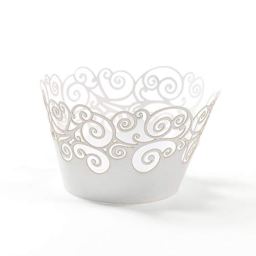 White Cupcake Wrappers 50 Pack Filigree Lace Design for Wedding Birthday