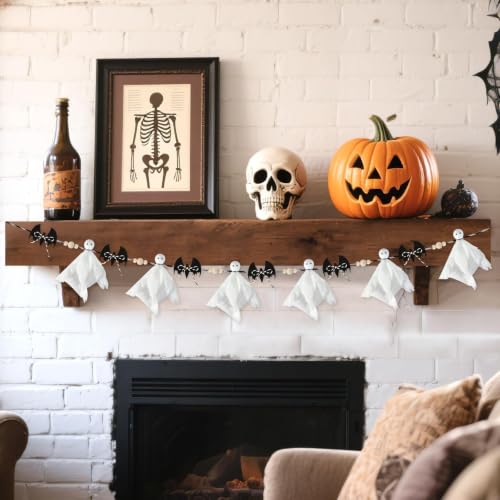 7 Ft Halloween Ghost Bat Garland with Wooden Beads, Rustic Indoor Outdoor Decor
