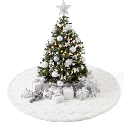 48 Inch Fall Tree Skirt Cream White Plush with 3D Pumpkins - Seasonal Decor