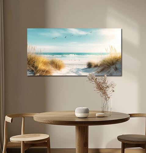 Beach Reeds Canvas Wall Art - Ocean Coastal Landscape for Living Room & Bedroom - 20x40 Inches