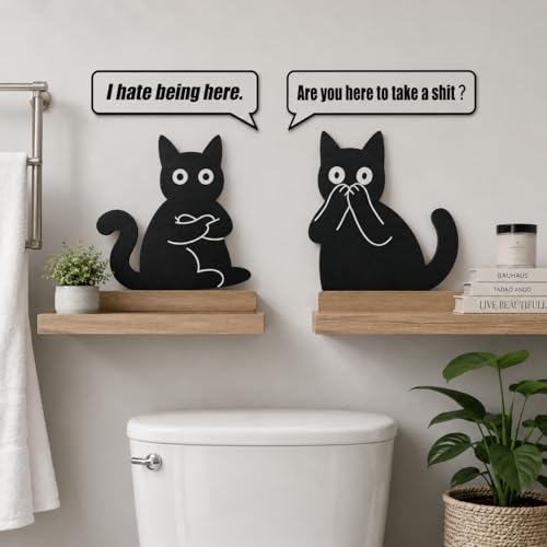 Black Cat Wall Art Set of 4 - Fun Bathroom Decor with Slogans - Variation: Bathroom Black Cat