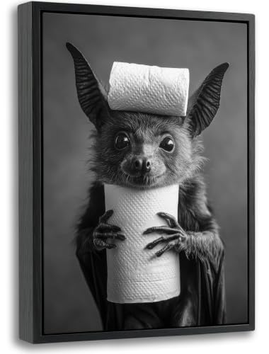 Funny Bat Bathroom Wall Art - Framed 16x12 Inch Toilet Paper Decor, Humorous Animal Restroom Canvas