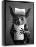 Funny Bat Bathroom Wall Art - Framed 16x12 Inch Toilet Paper Decor, Humorous Animal Restroom Canvas