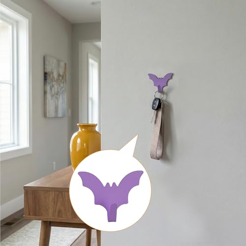 Bat Wall Hooks - 8-Pack Purple Adhesive Iron Hooks for Keys, Bags, Towels, Clothes