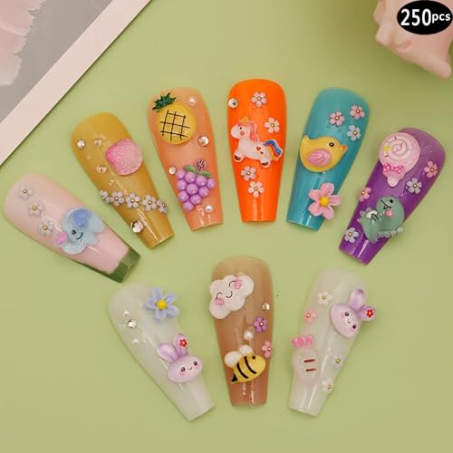 Multicolor 3D Nail Charms Set - Cute Flower, Bee, Pineapple & Bear Decor, 250 Pieces - Variation of A
