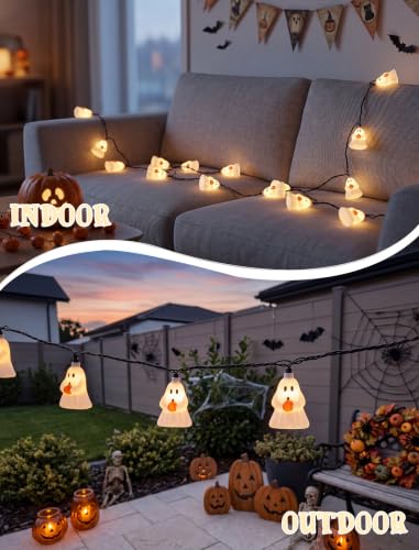 Halloween Ghost String Lights - 8.5Ft Plug-In LED Decor with 10 White Ghosts - Connectable Outdoor Lighting - Spooky Home & Garden Decoration