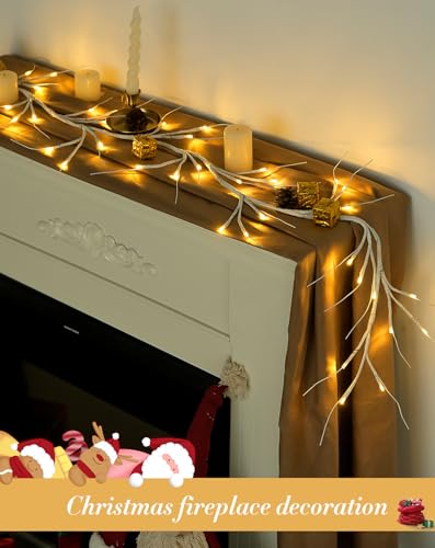 6FT Battery-Operated Birch Garland with 48 LED Lights for Fireplace Decor