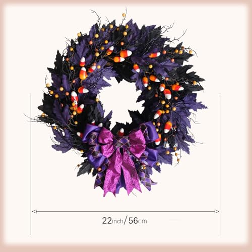 Halloween Door Wreath - 22 Inch Black & Purple Wreath with Witch Ornaments & Bow - Idyllic