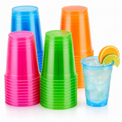 Glow-in-the-Dark Neon Plastic Cups 12 oz - 40 Pack for Parties