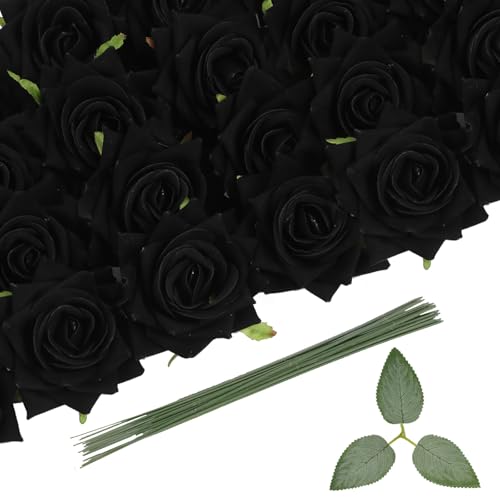 Black Velvet Roses Artificial Flower Heads - 18pcs Faux Roses with Stems for Gothic Wedding & Halloween Decor
