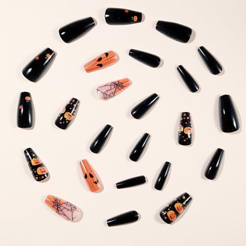 Halloween Press-On Nails 24Pcs Pumpkin & Spider Web Design - Variation 58