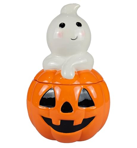 Halloween Ghost Jack O’Lantern Cookie Jar - Fall Ceramic Decor & Kitchen Storage - Ghost Variation